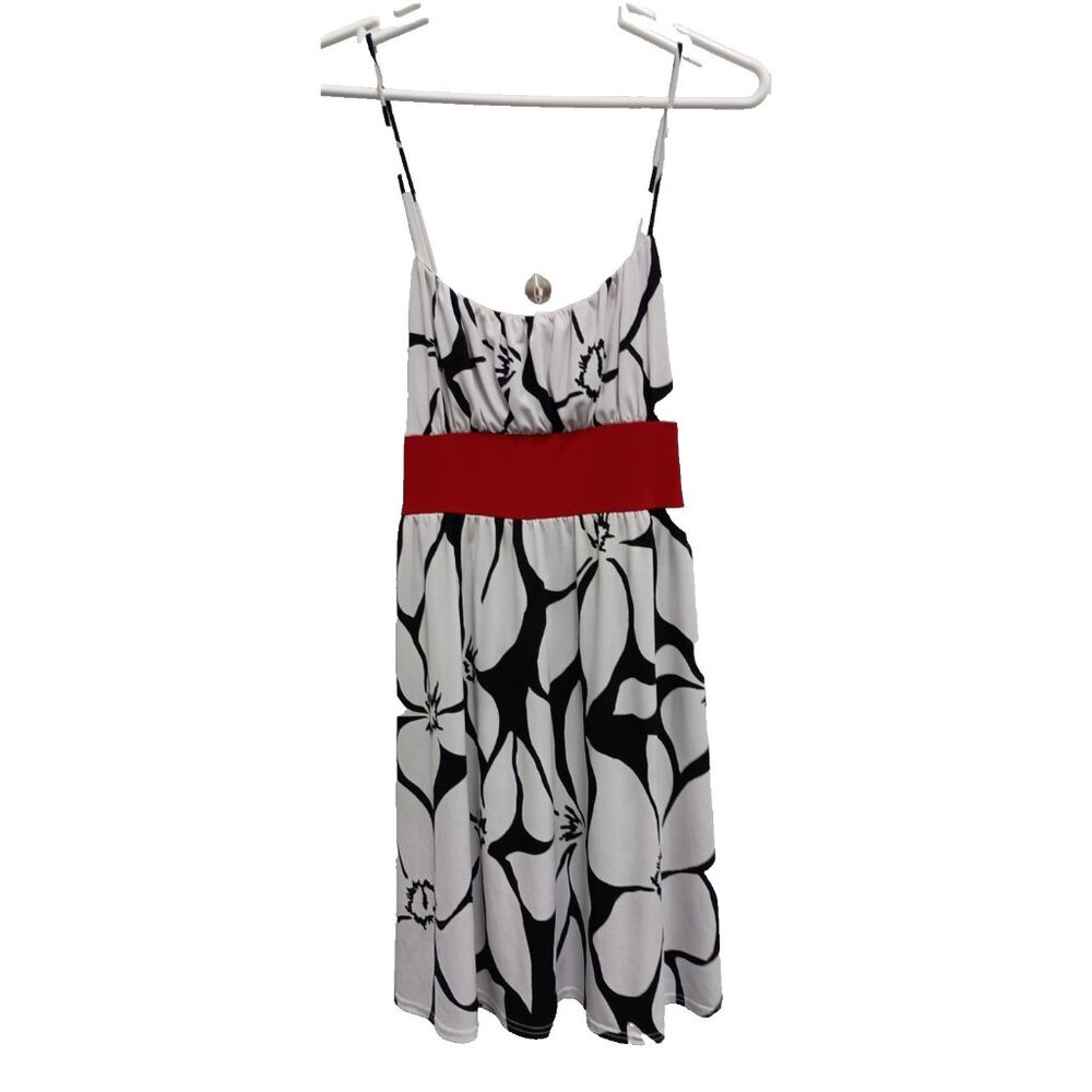 VTG Y2K Wrapper Womens Babydoll Dress Medium Black White Floral Spaghetti Strap